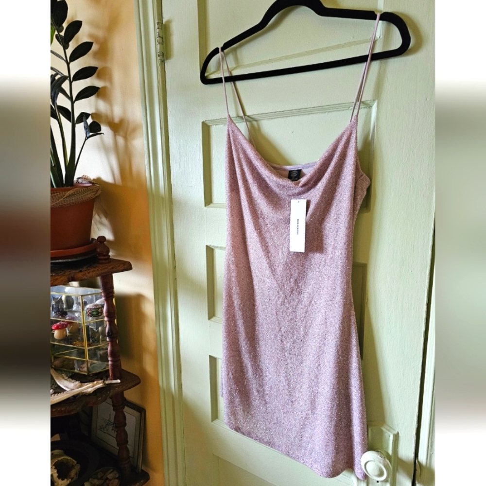 New sparkly glitter pink mini strappy shift dress Urban Outfitters